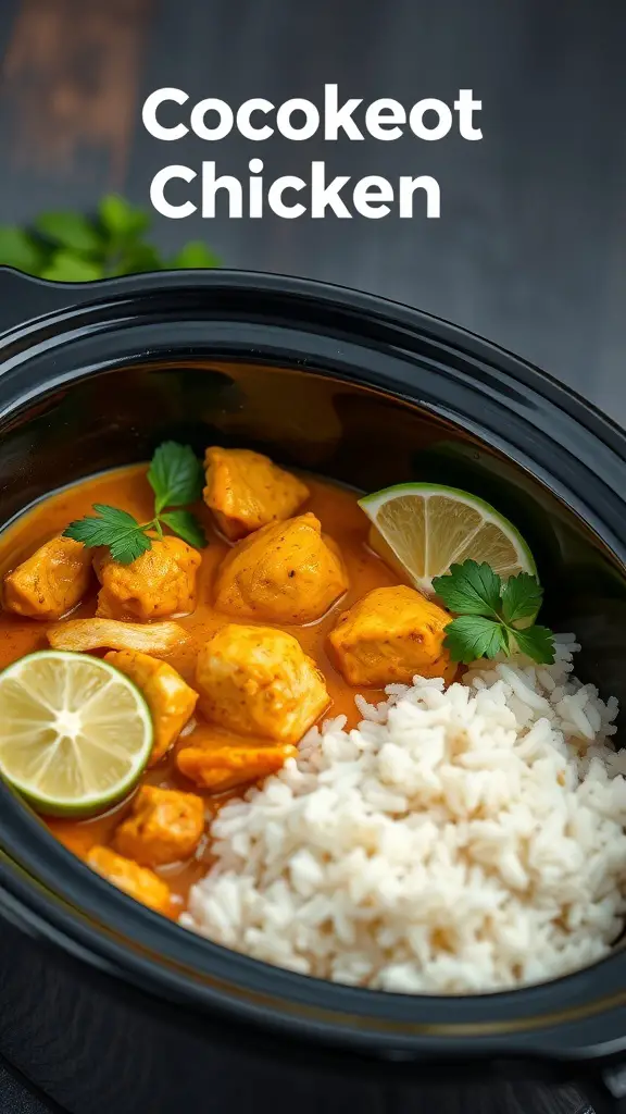 A bowl of Coconut Curry Chicken with rice, garnished with lime and cilantro.