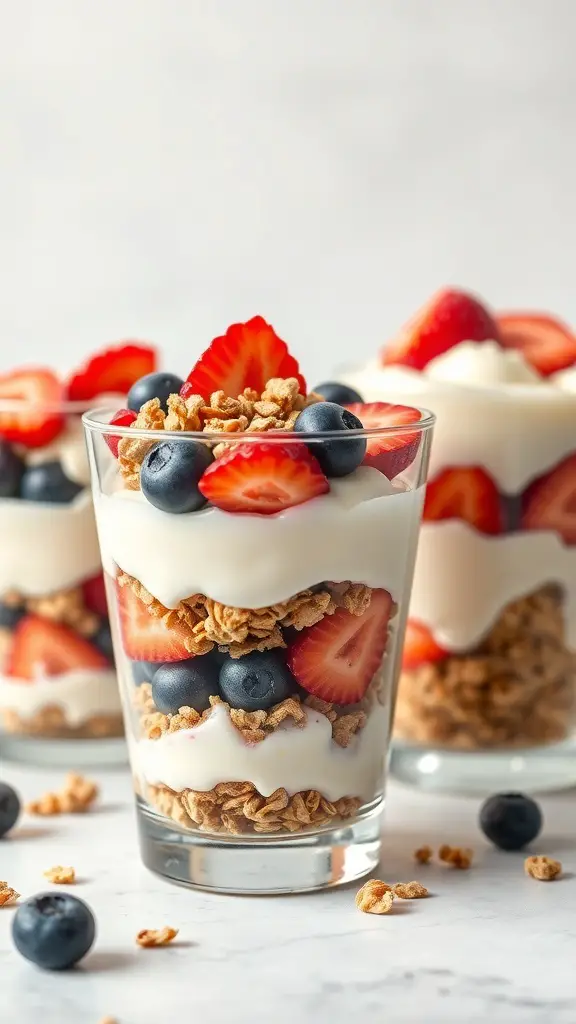 Colorful fruit and yogurt parfaits in clear glasses with layers of yogurt, granola, strawberries, and blueberries.