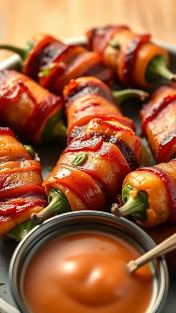A plate of bacon-wrapped jalapeño poppers with a side of dipping sauce.