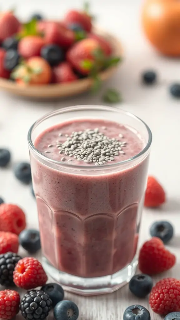A glass of Chia Seed Berry Medley Smoothie with chia seeds on top, surrounded by fresh berries.