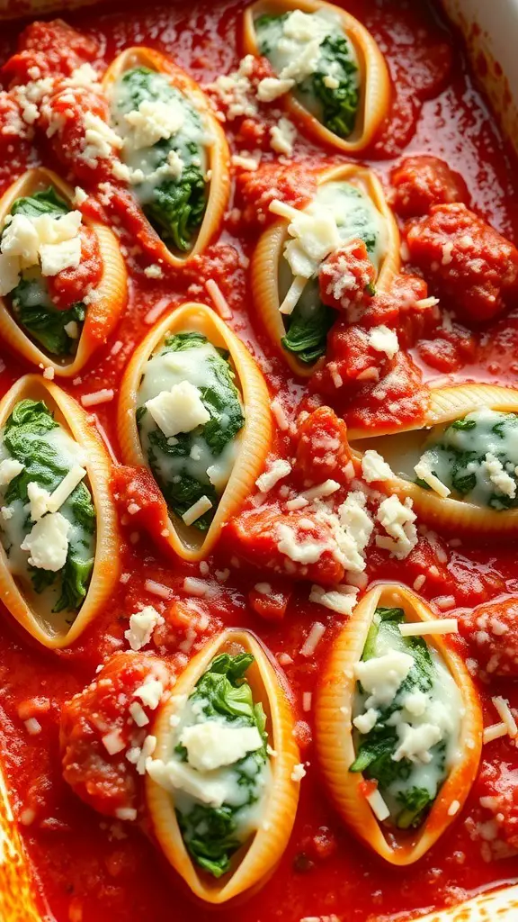 Spinach and feta stuffed shells in tomato sauce
