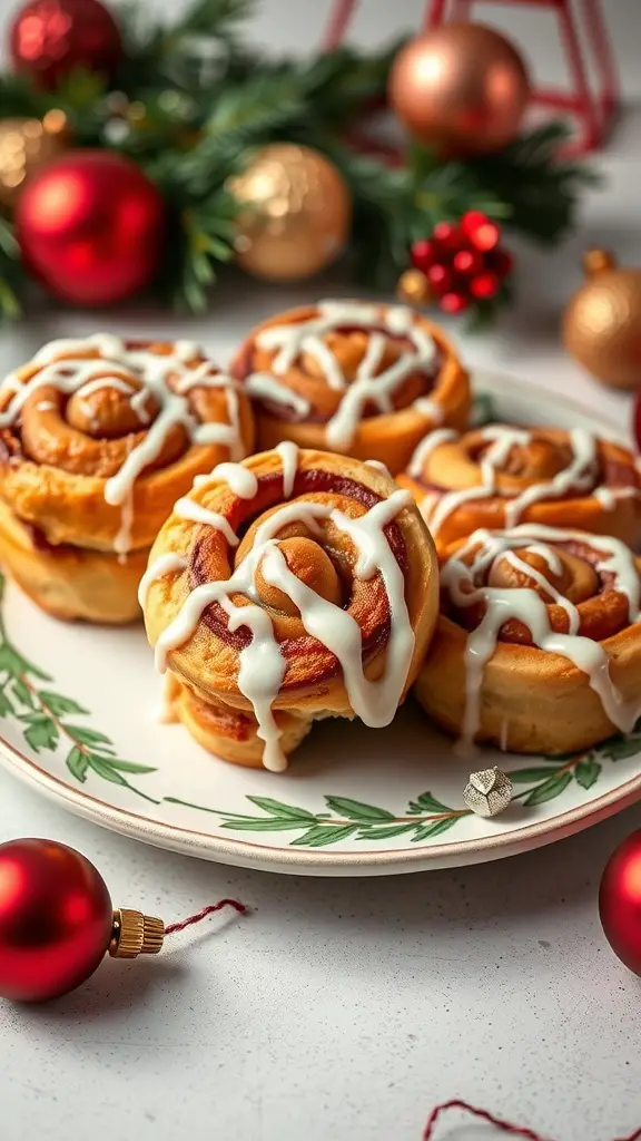 A plate of cinnamon roll bites drizzled with icing, surrounded by festive holiday decorations.