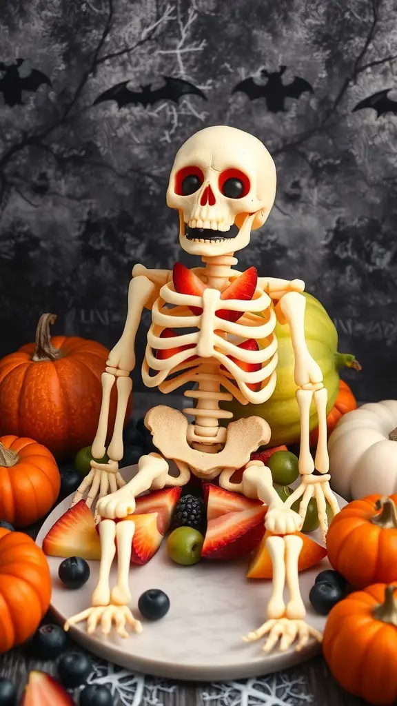 A skeleton surrounded by various fruits and pumpkins on a platter.