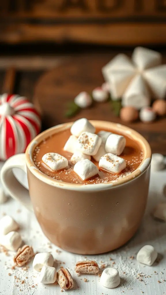 A cozy cup of hot cocoa topped with marshmallows and surrounded by festive treats.