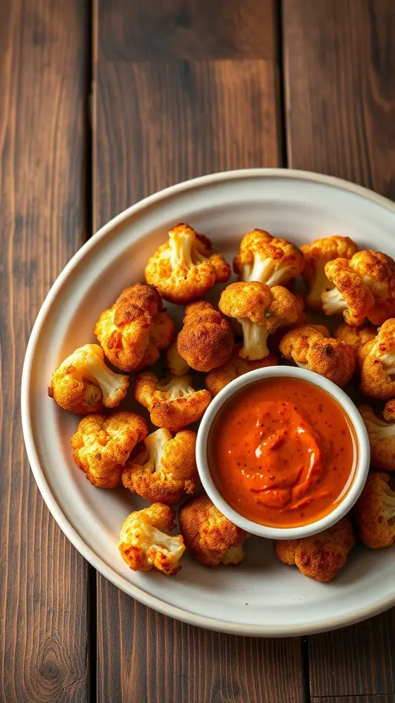 A plate of crispy cauliflower bites with a small bowl of dipping sauce on a wooden table.