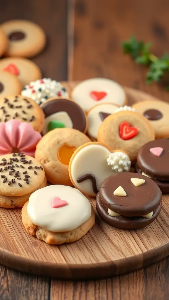 A gourmet cookie selection on a wooden board featuring various decorated cookies.