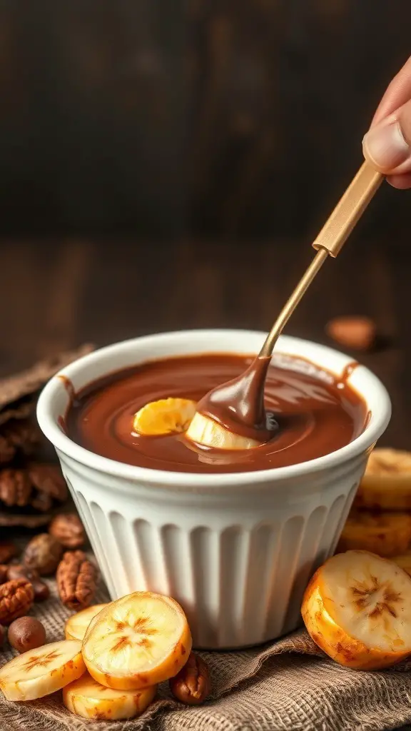 A bowl of chocolate fondue with caramelized banana slices around it, ready for dipping.