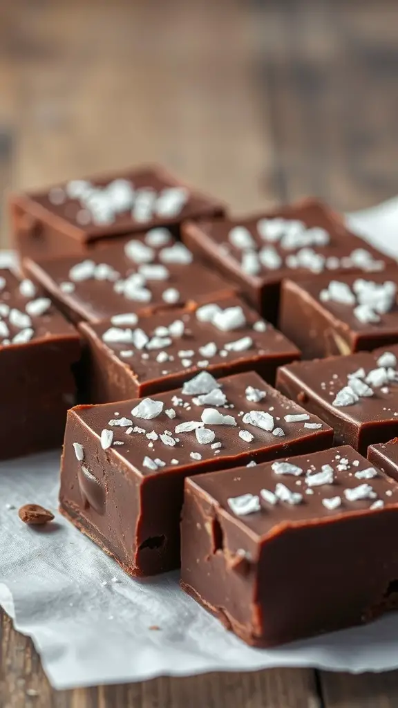Delicious chocolate fudge pieces topped with coarse salt on a wooden surface.