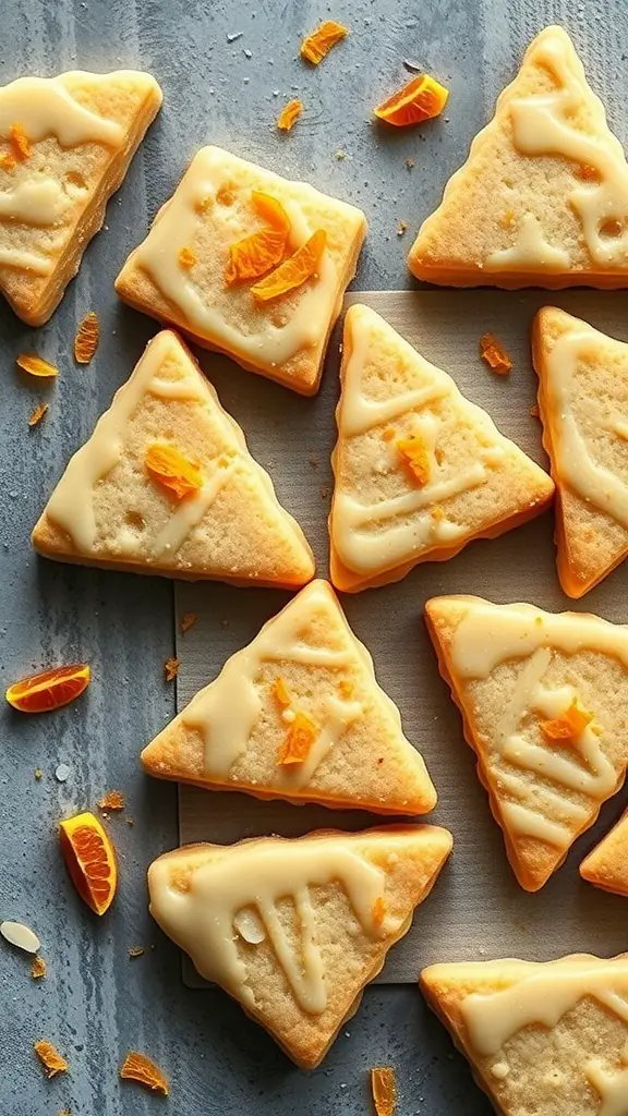 Orange Almond Shortbread cookies arranged on a surface, decorated with orange zest and glaze.