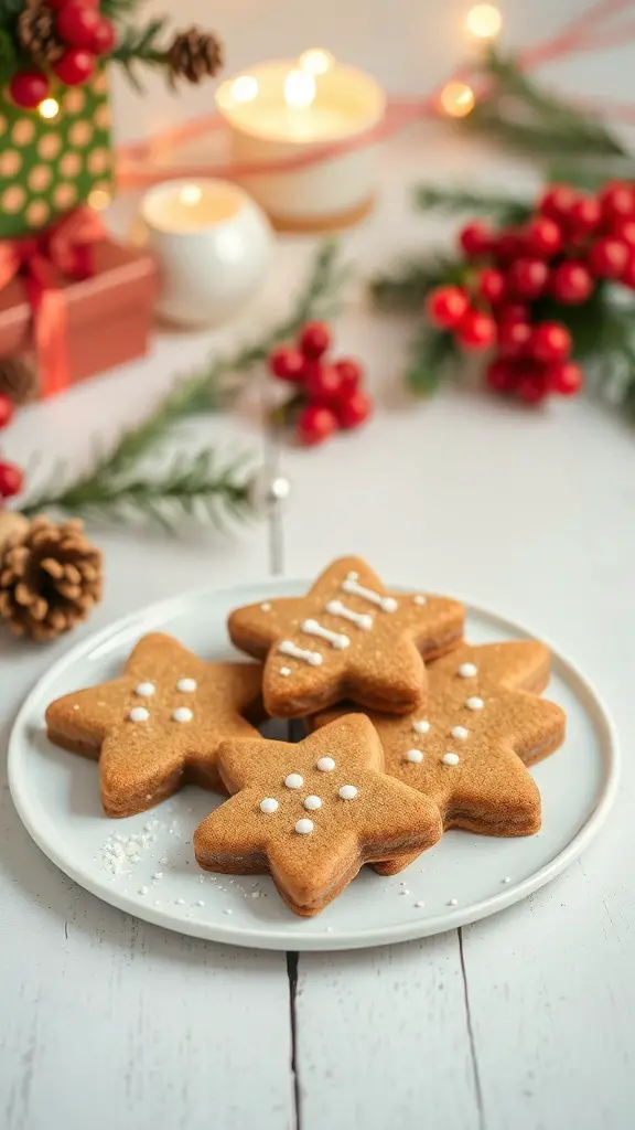 A plate of star-shaped gingerbread cookies decorated with white icing, surrounded by holiday decorations.