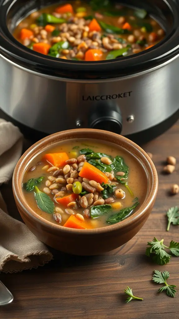 A bowl of hearty lentil soup with spinach and carrots, with a crockpot in the background.