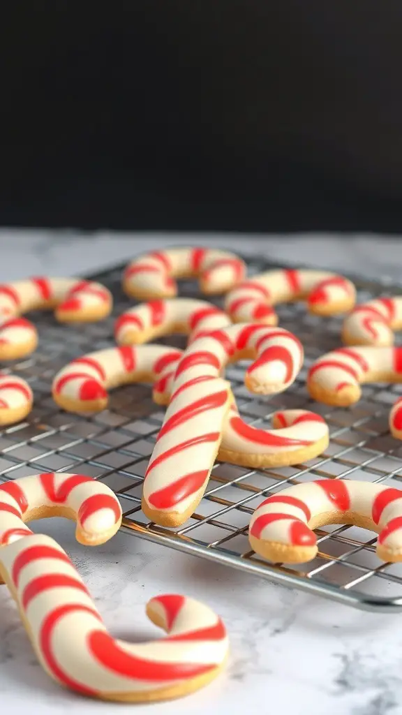 A tray of freshly baked candy cane sugar cookies, decorated with red and white icing.