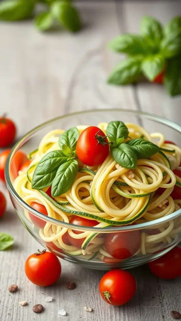 A bowl of zucchini noodles topped with cherry tomatoes and basil leaves.