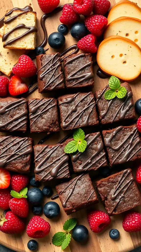 A charcuterie board featuring gourmet brownie bites drizzled with chocolate, surrounded by fresh strawberries, raspberries, blueberries, and slices of cheese.