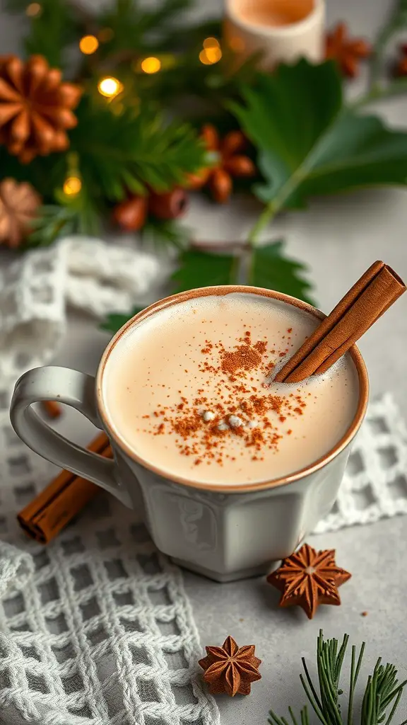 A cozy cup of chai tea latte with cinnamon and star anise, surrounded by holiday decorations.