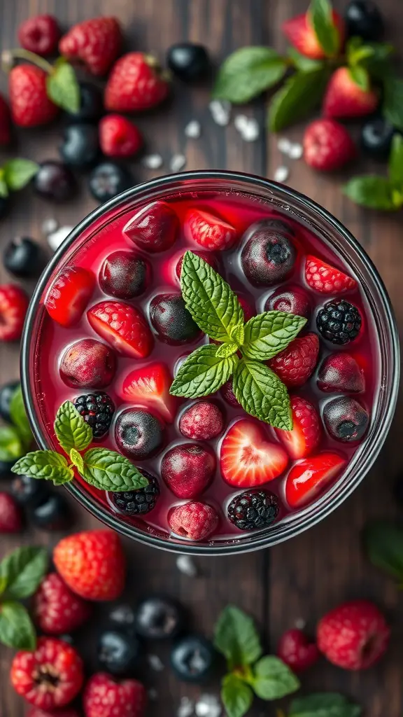 A bowl of Winter Berry Sangria with fresh berries and mint leaves.