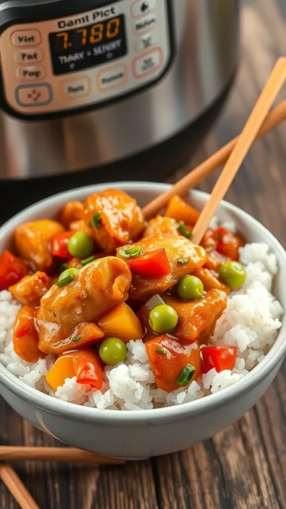 A bowl of Sweet and Sour Chicken Stir Fry with rice, colorful vegetables, and chopsticks.