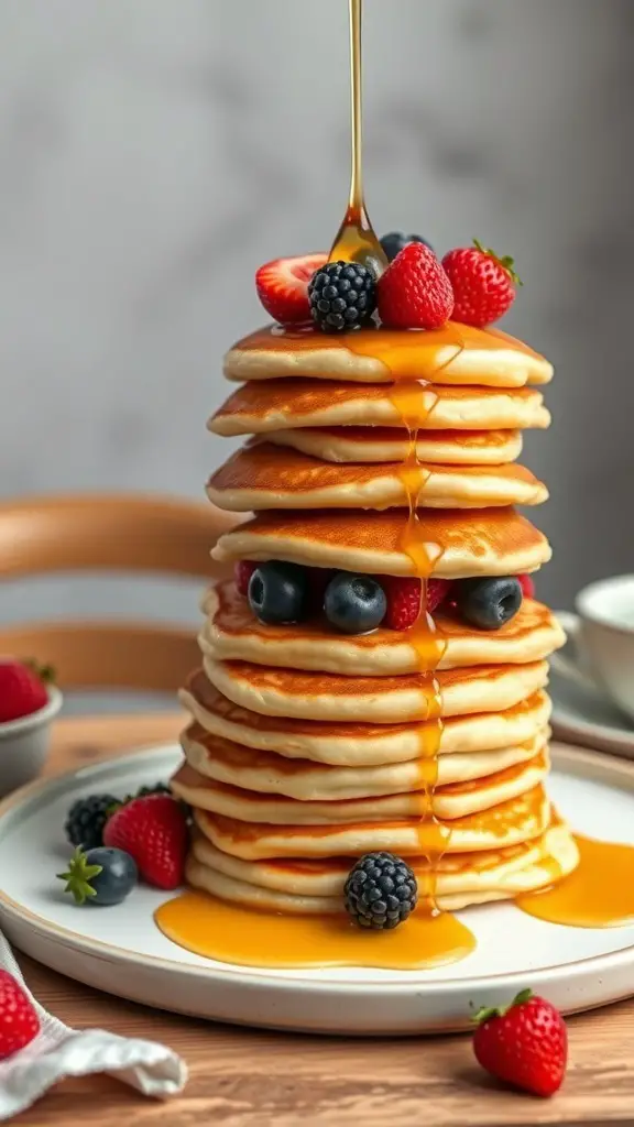 A tall stack of pancakes topped with fresh berries and syrup.
