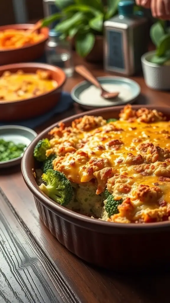 A cheesy broccoli casserole in a baking dish, topped with breadcrumbs and melted cheese, surrounded by bowls of other dishes.