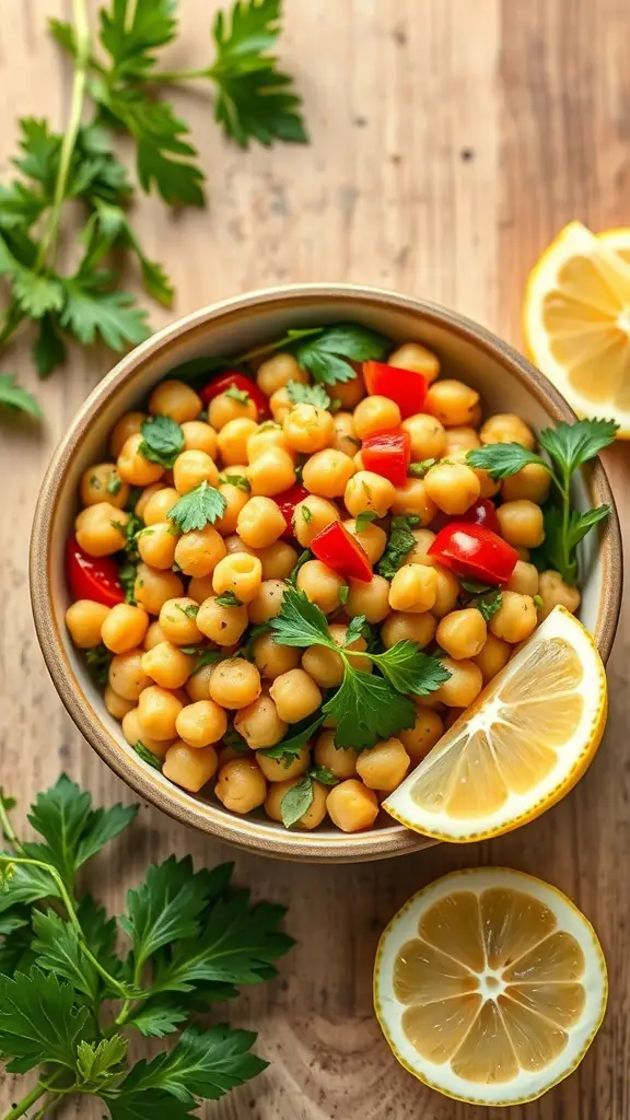 A bowl of Mediterranean Chickpea Salad with chickpeas, red peppers, and lemon slices on a wooden table.