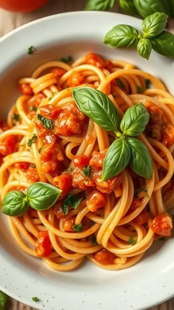 A plate of spaghetti topped with a rich tomato sauce and fresh basil leaves