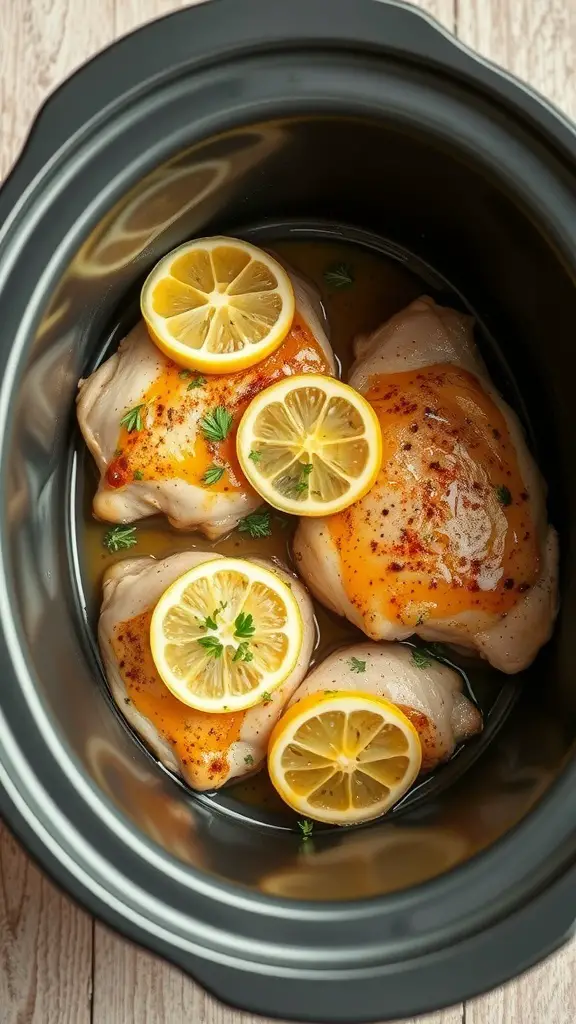 Slow cooker with chicken thighs and lemon slices
