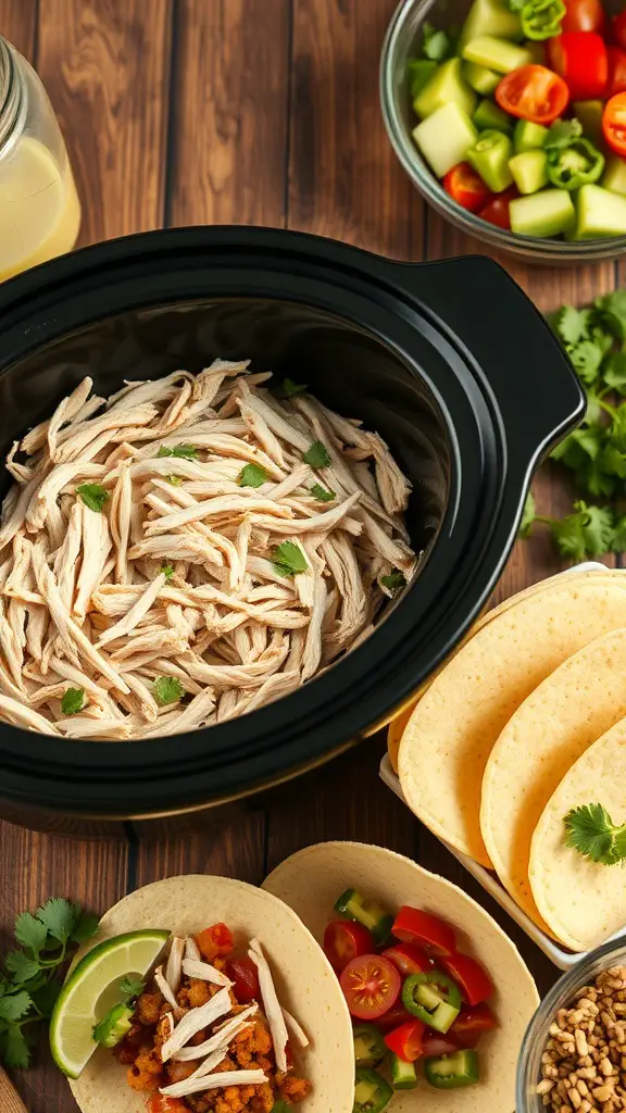 Crockpot filled with shredded turkey, taco shells, and fresh toppings for tacos