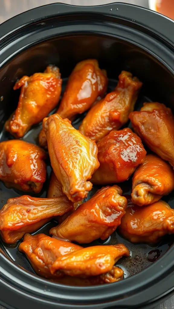 A close-up of honey garlic chicken wings in a crockpot, glistening with sauce.