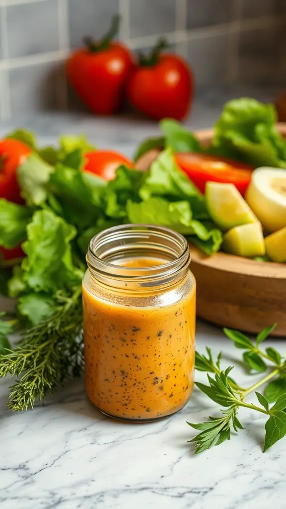 A jar of tangy raw vegan dressing surrounded by fresh vegetables like lettuce and tomatoes.