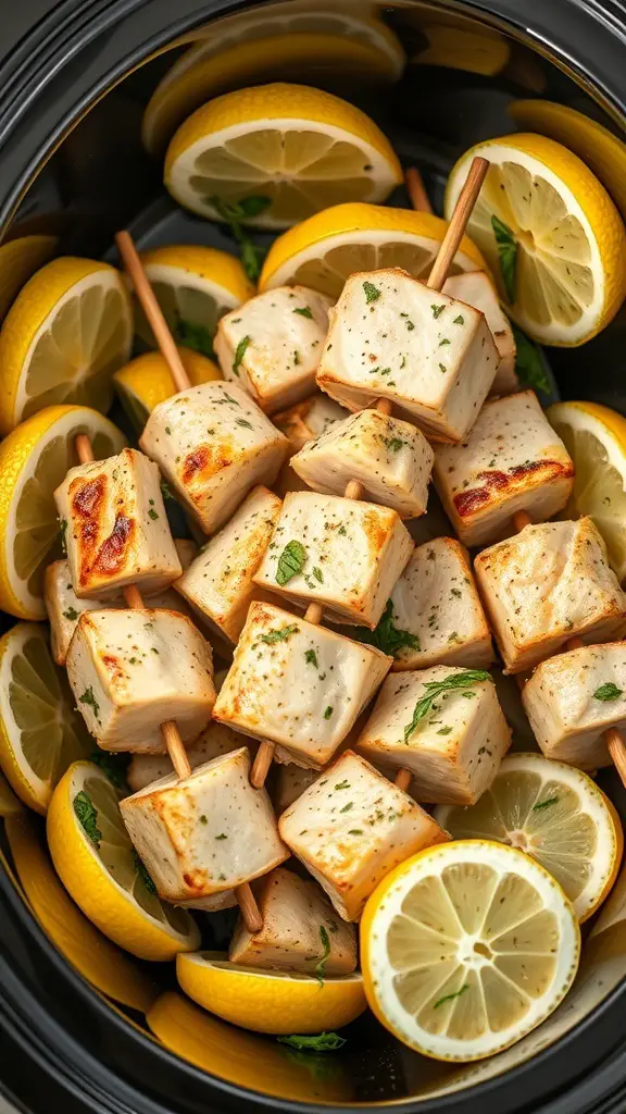 Crockpot turkey skewers with lemon slices