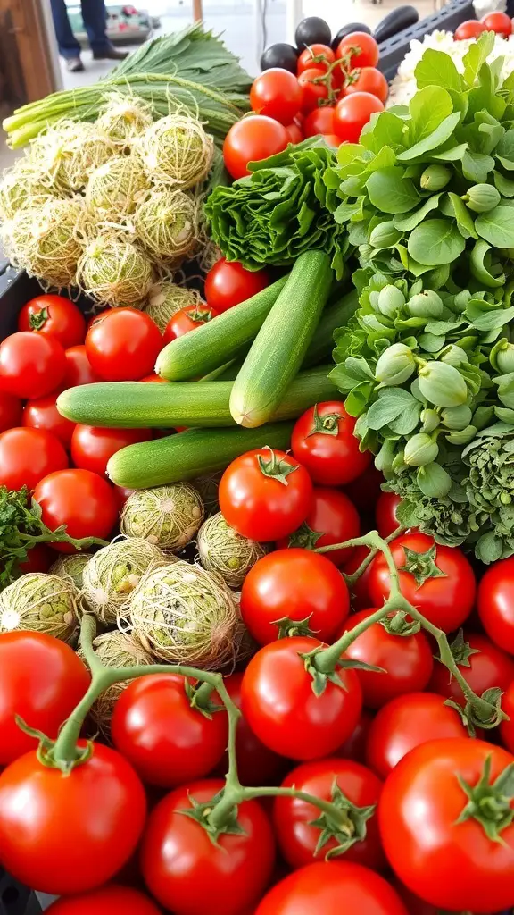 A colorful display of fresh vegetables including tomatoes, cucumbers, and greens.