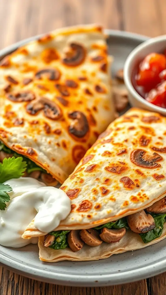 Mushroom and spinach quesadillas served with sour cream and cherry tomatoes.