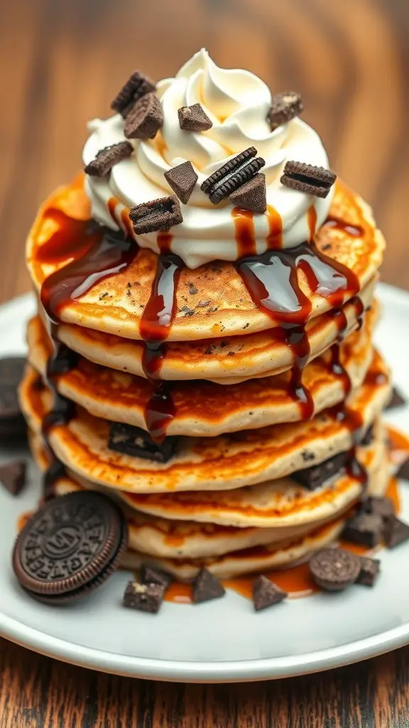 Stack of Oreo pancakes topped with whipped cream and crushed Oreos