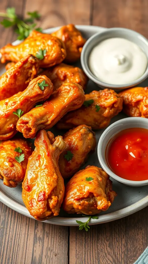 A plate of crispy chicken wings with dipping sauces