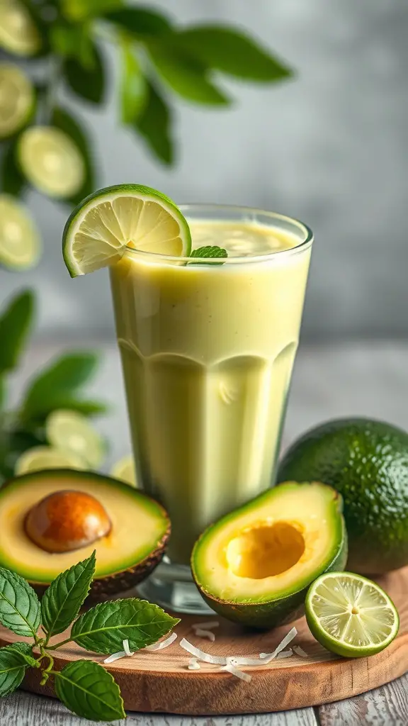 A creamy avocado lime drink in a glass, garnished with lime and mint, surrounded by fresh avocados and limes.