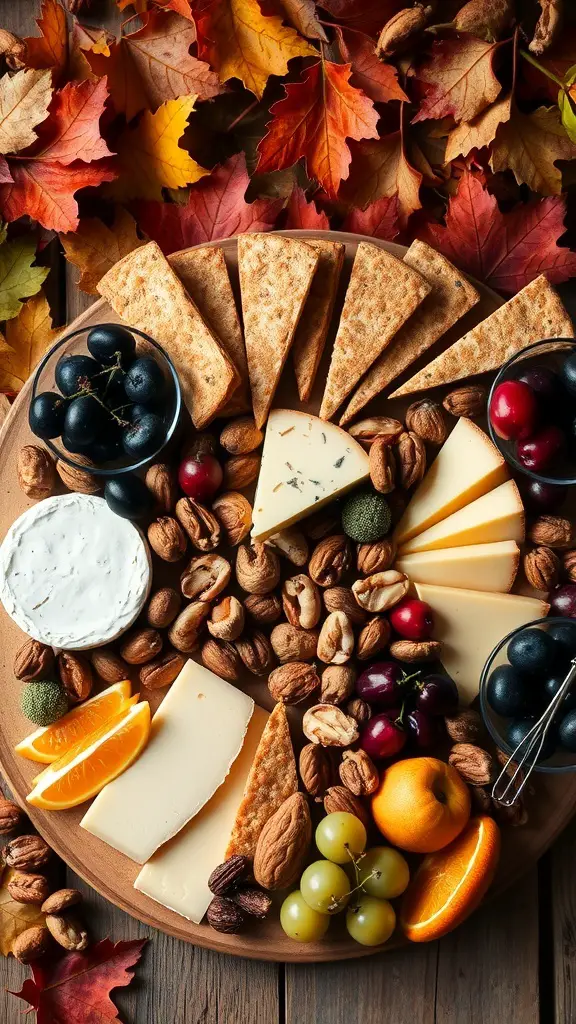 A seasonal harvest charcuterie board with cheeses, nuts, and fruits surrounded by autumn leaves.