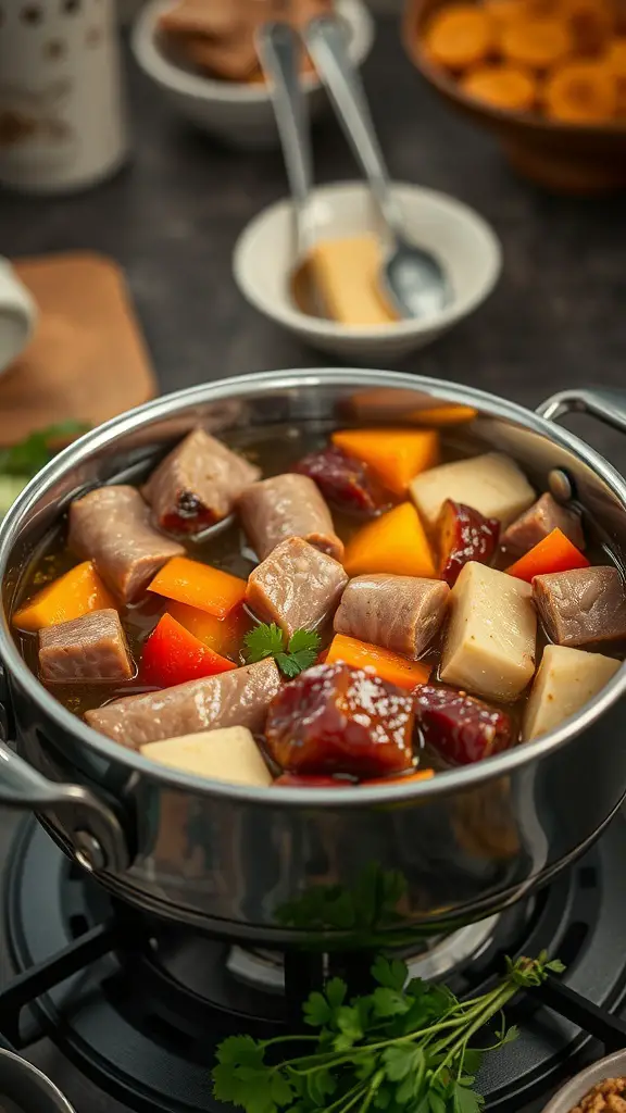 A pot of savory broth fondue with assorted meats and vegetables