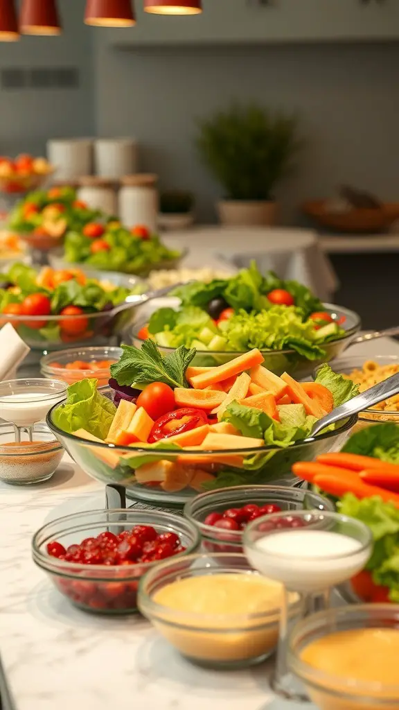 A vibrant salad bar featuring various fresh vegetables and toppings for a brunch buffet.