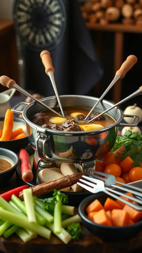 A classic beef fondue setup with a pot of broth, skewers, and an assortment of vegetables.