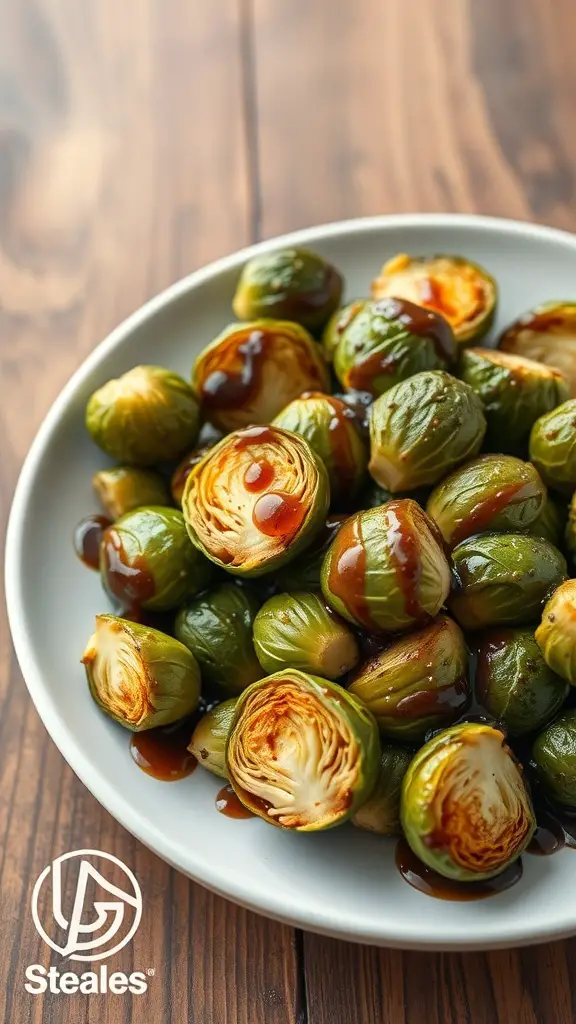 A plate of roasted Brussels sprouts drizzled with sauce, showcasing their crispy texture.