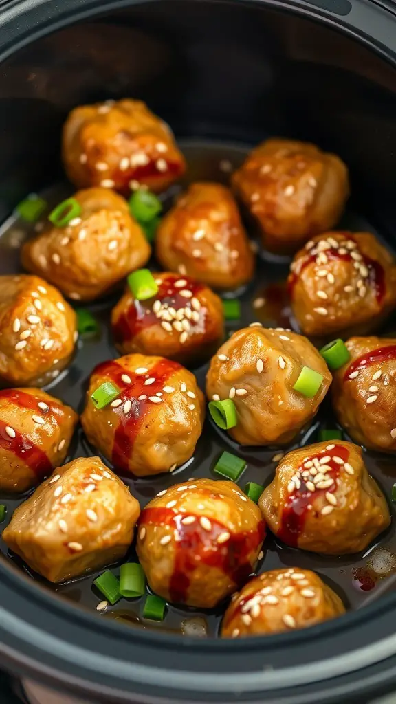 Crockpot honey garlic chicken meatballs with green onions and sesame seeds.