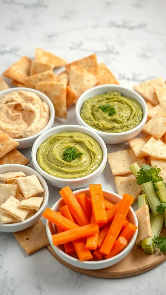 A variety of vegan dips in bowls with crackers and fresh vegetables.
