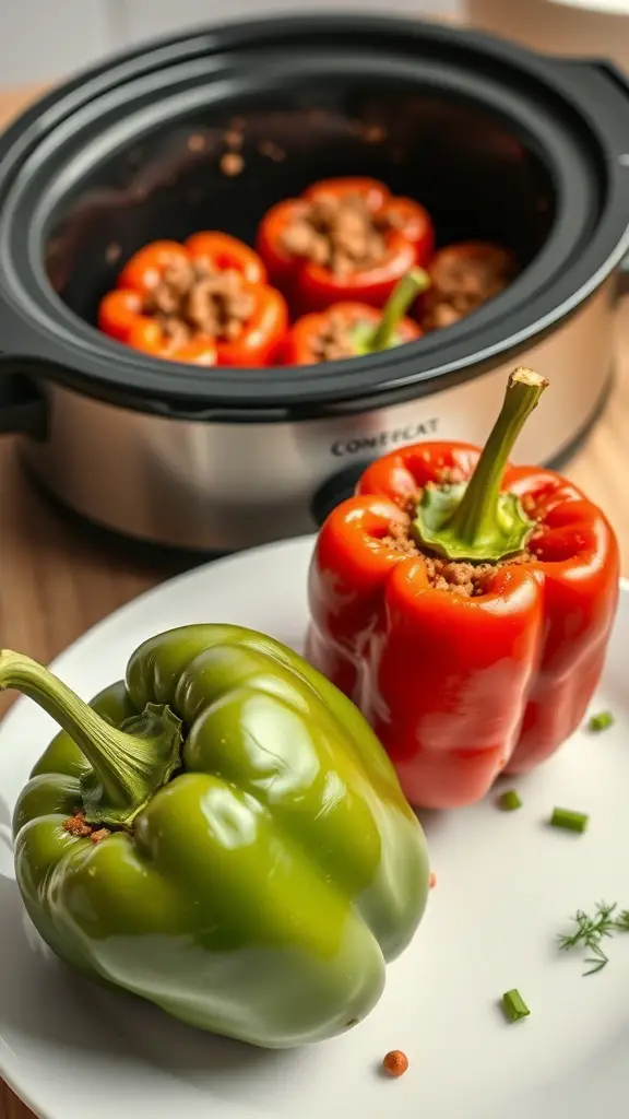 Stuffed bell peppers in a crockpot with fresh peppers on a plate