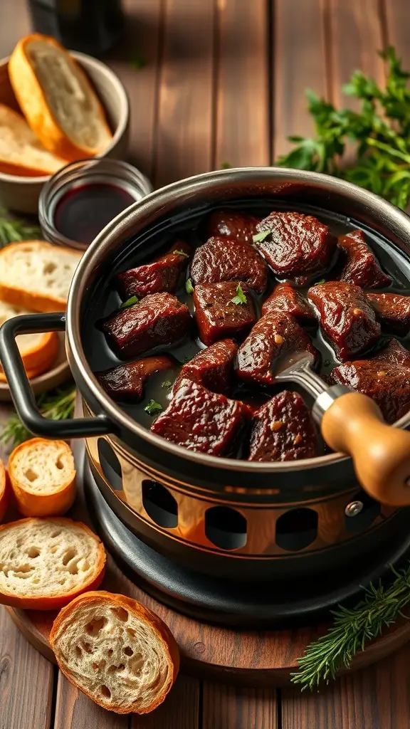 A pot of beef fondue with red wine, surrounded by slices of bread.