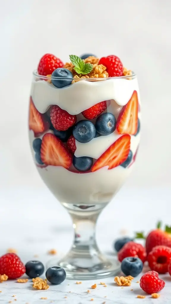 A delicious berry yogurt parfait with layers of yogurt, strawberries, blueberries, raspberries, and granola.
