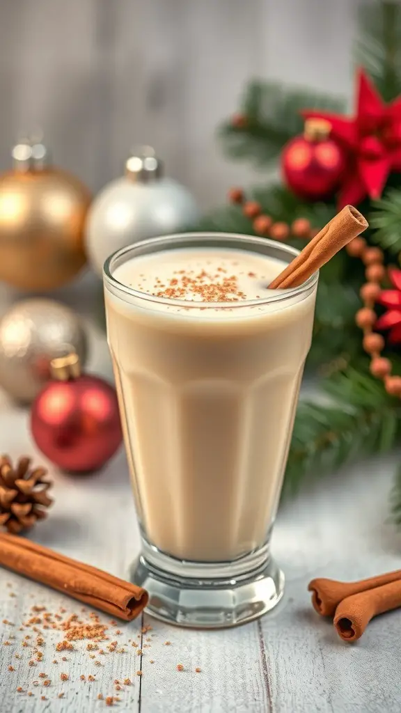 A glass of eggnog with nutmeg and a cinnamon stick, surrounded by holiday decorations.