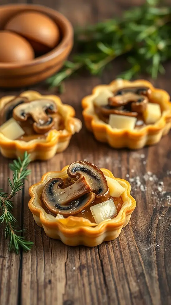Mushroom and Gruyère tartlets on a wooden table with eggs and herbs