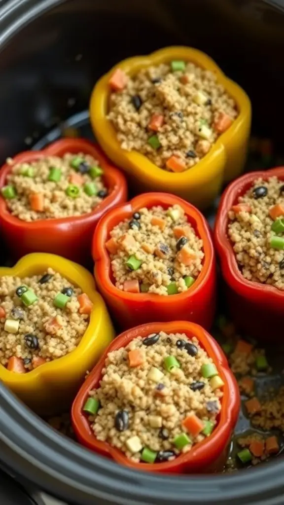Colorful stuffed peppers filled with quinoa and vegetables in a slow cooker.