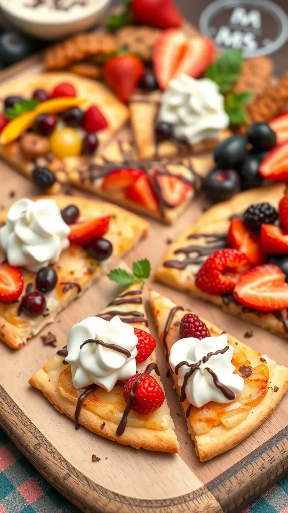 A dessert pizza board featuring slices topped with strawberries, blueberries, whipped cream, and chocolate drizzle.