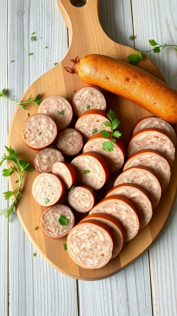 A wooden board with various sliced flavored vegan sausages and fresh herbs.